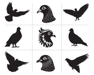 Pigeon kabootar head face set collection pack bundle black shape icon silhouette vector flat illustration design on white background