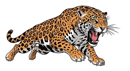 Obraz premium Fierce Jaguar Roaring Aggressively with Open Mouth and Sharp Teeth, Isolated