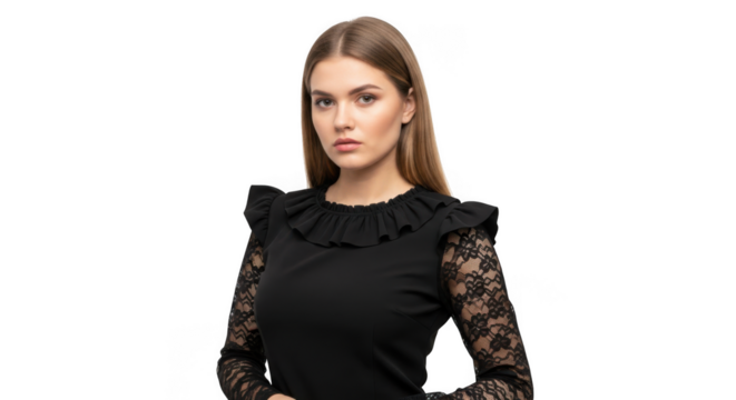 A young woman with long brown hair wearing a black dress with lace sleeves and ruffled neckline, isolated on transparent background
