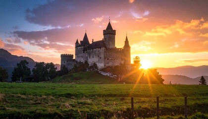 Obraz premium Medieval castle at sunset over rolling hills
