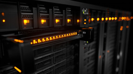 row of blade servers with one drive bay pulled out status LEDs blinking amber selective color illustration concept scene visual for commercial design use high detail quality stock image illustration