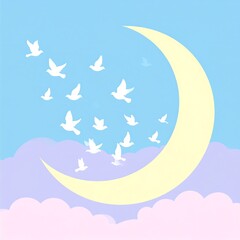 Pastel crescent moon with white birds flying