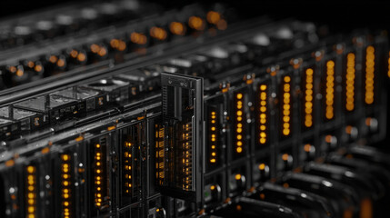 row of blade servers with one drive bay pulled out status LEDs blinking amber selective color illustration concept scene visual for commercial design use high detail quality stock image illustration
