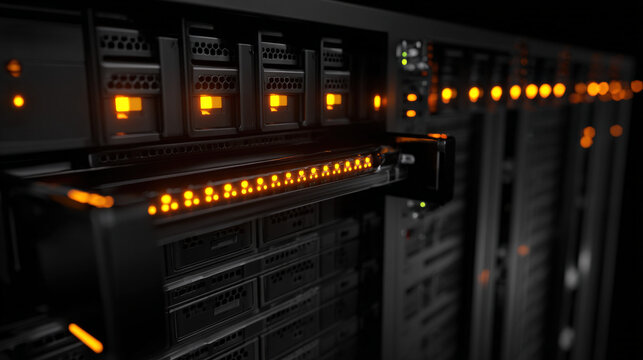 row of blade servers with one drive bay pulled out status LEDs blinking amber selective color illustration concept scene visual for commercial design use high detail quality stock image illustration