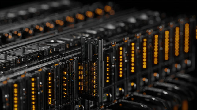 row of blade servers with one drive bay pulled out status LEDs blinking amber selective color illustration concept scene visual for commercial design use high detail quality stock image illustration