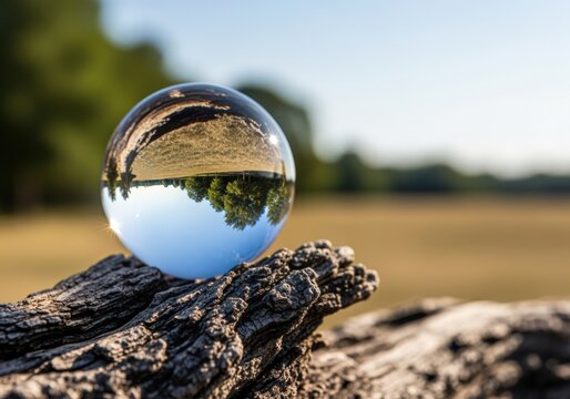 Sunny landscape inverted inside a crystal lens ball - Powered by Adobe