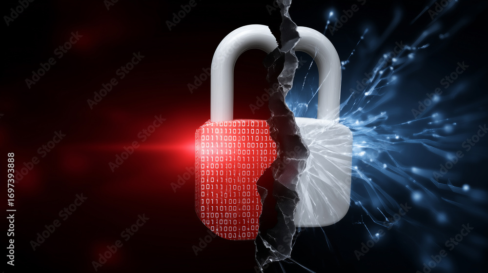 Poster digital security concept with a padlock representing data protection and cybersecurity against hacki