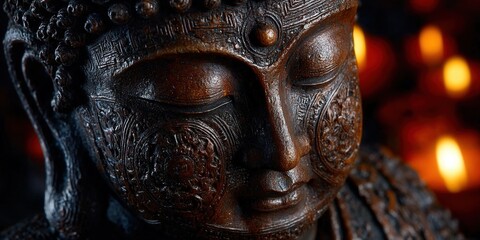 A detailed bronze Buddha statue with closed eyes, radiating serenity and inner peace.