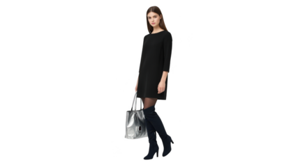 A young woman wearing a black dress and thighhigh boots, holding a silver tote bag, isolated on transparent background