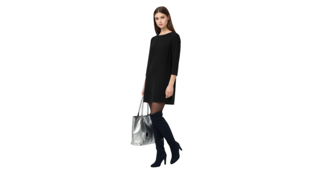 A young woman wearing a black dress and thighhigh boots, holding a silver tote bag, isolated on transparent background