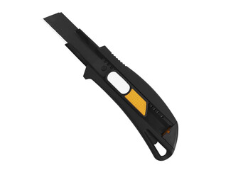 Black utility knife with yellow blade isolated on transparent background