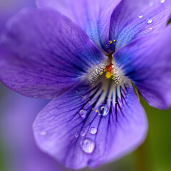Close-up Macro Photograph of a Dew-Kissed Purple Violet Flower, Vibrant Color, Soft Focus, Nature Photography