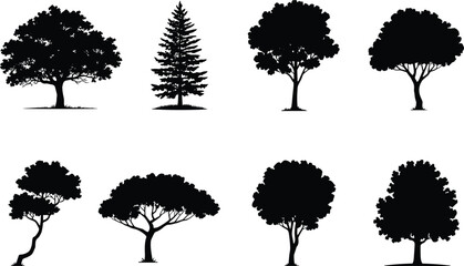 Tree silhouettes collection, variety of tree shapes, different tree types, nature tree icons, black tree shadows, forest tree set, outdoor tree illustrations, landscape tree designs