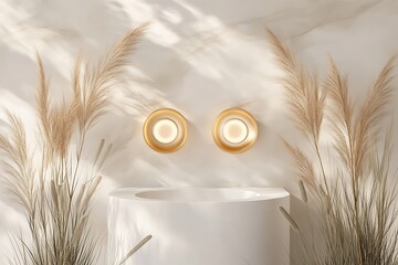Elegant bathroom design featuring gold sconces, pampas grass, and a minimalist sink