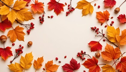 Autumn Leaves and Berries Border White Background