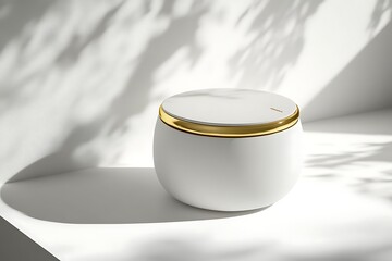 Elegant white container with gold trim on a white surface, shadows cast by leaves