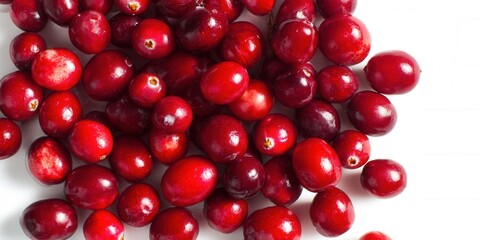 A close-up view showcases a pile of fresh, red cranberries against a white backdrop.