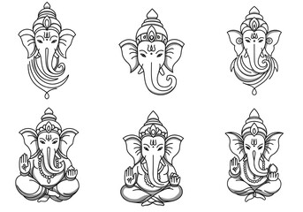 Set of Six Black and White Hindu Ganesha Line Art Illustrations for Spiritual or Cultural Designs