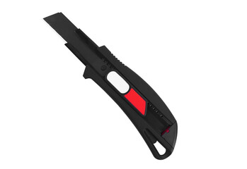 Black utility knife with red and white accents isolated on transparent background