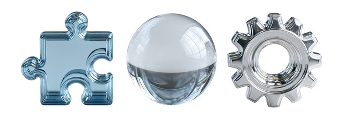 Transparent Puzzle Piece, Sphere, and Gear Icon Collection