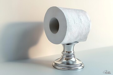 White toilet paper roll on shiny silver holder, casting a shadow. Clean bathroom setting