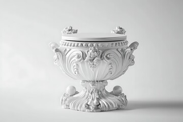 Ornate, white ceramic vase with sculpted floral details and pedestal base