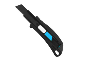 Black utility knife with blue and white accents isolated on transparent background