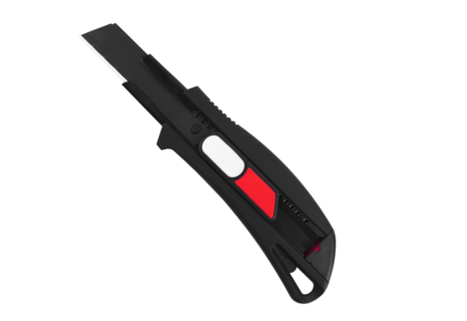 Black utility knife with red and white accents isolated on transparent background