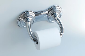 Polished chrome toilet paper holder on a clean white wall, holding a roll