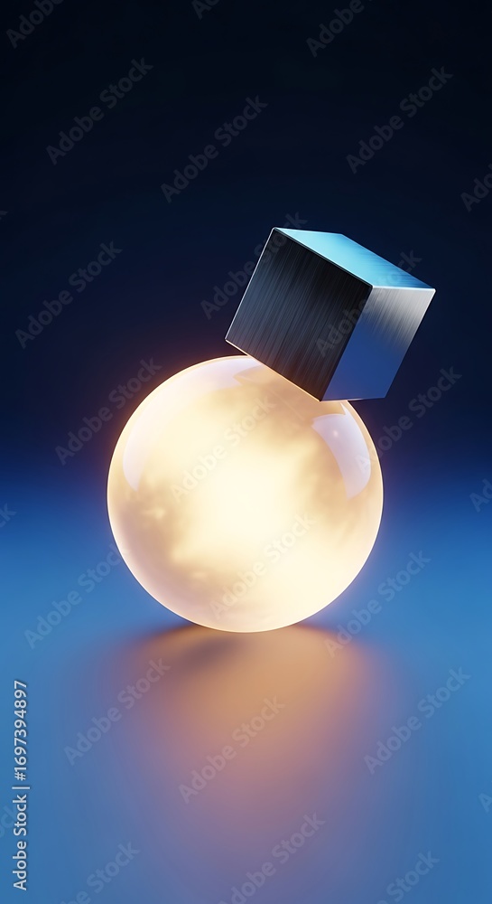 Poster abstract metallic cube balancing on a luminous orb in soft light effect