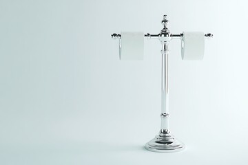 Elegant stand holding two rolls of toilet paper, shiny chrome finish