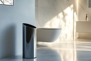 Modern bathroom scene with a chrome trash can and a floating toilet
