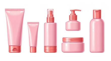 A collection of pink cosmetic bottles and jars, including tubes, spray bottles, and pump dispensers, isolated on a clean transparent background