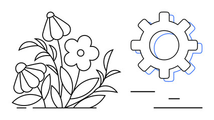 Flowers with leaves next to a mechanical gear creating a fusion of nature and technology. Ideal for eco-innovation, sustainability, balance, progress, engineering, growth, simple landing page