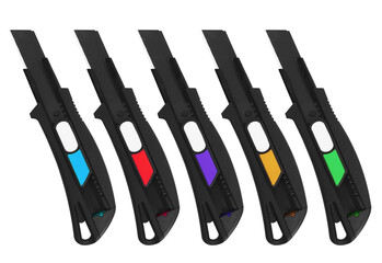 Five black utility knives with colored buttons isolated on transparent background