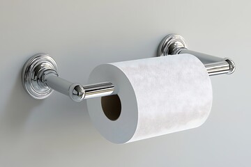 Chrome toilet paper holder with a roll of toilet paper mounted on a light grey wall