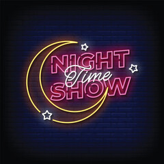 Obraz premium night time show neon signboard with brick wall background vector