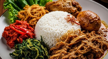 Authentic Indonesian mixed rice dish Nasi Campur with flavorful side dishes.