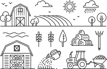 Line Art Farm Landscape Illustration Featuring Barns Fields Sun Rain and Farming Equipment in Vector Style for Agricultural Concepts