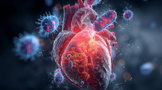 3D Illustration of Human Heart Infected with Bacteria Causing Endocarditis and Pericarditis, Highlighting Bacterial Interaction