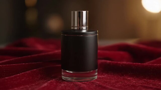 Black Perfume Bottle on Red Velvet - A sleek black perfume bottle with a silver cap rests on a rich red velvet fabric.
