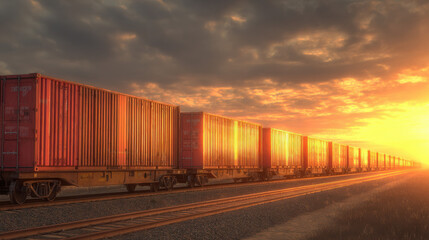 Fototapeta premium row of containers on rail freight cars stretching into horizon sunset light illustration concept scene visual for commercial design use high detail quality stock image illustration concept scene 