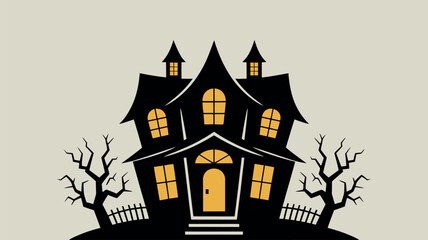 Spooky black haunted house with glowing windows and bare trees Halloween