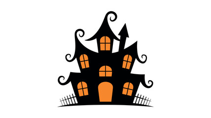 Obraz premium Spooky Black Haunted House With Orange Windows And Fence