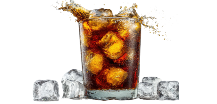 A glass of cola with ice, splashing
