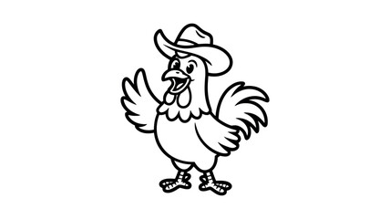 Outline Cartoon Rooster Wearing Cowboy Hat Waving on White Background