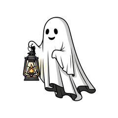 Charming cartoon ghost cheerfully holding an old-fashioned glowing lantern, perfect for Halloween and spooky themed designs