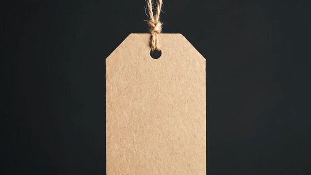 Blank Kraft Paper Tag Hanging on Twine - A close-up shot of a blank kraft paper tag hanging from a piece of twine against a dark grey background.