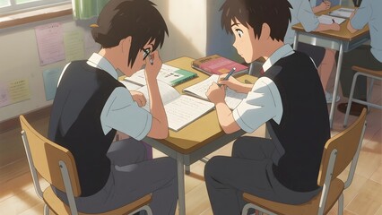 Two students in a classroom setting, engaged in studying or taking notes at their desks.