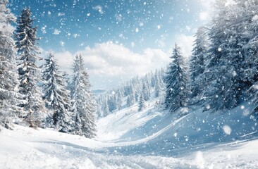 Fototapeta premium Snowy mountain path through frosted pines under a sunlit sky with gently falling snow, creating a peaceful winter wonderland scene